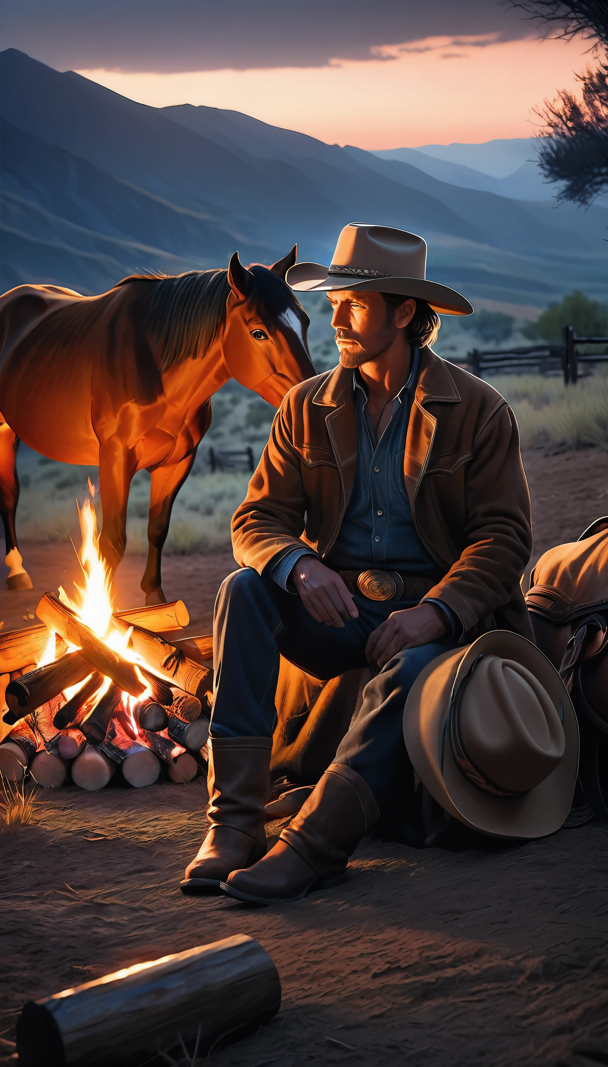 a western cowboy resting by a campfire at night, his loyal horse by his side, cattle resting in the distance, a beautiful and atmospheric night-time cattle drive scene, intense gaze filled with purpose, weary but resolute body language, alert to his surroundings and wary of cattle rustlers, sitting by the crackling fire, tenderly petting his beloved horse, an air of absolute trust and companionship, (best quality,4k,8k,highres,masterpiece:1.2),ultra-detailed,(realistic,photorealistic,photo-realistic:1.37),dramatic lighting,warm color tones,chiaroscuro lighting,cinematic composition,highly detailed portrait,detailed face and eyes,intricate fabric textures,environmental details,glowing embers,atmospheric haze,moody and contemplative