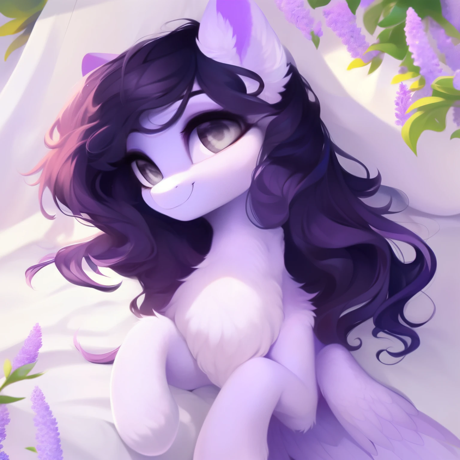 rating_safe, score_9, fluffy, feral pegasus pony, female,round cute face， Lavender purple body, black-purple mane, disheveled hair, soft and delicate long hair, clear grey eyes, grey eyes, smiling. dynamic。young and beautiful。Lying in bed，White bed，High and cold