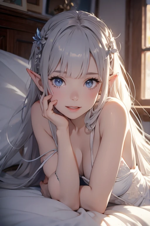 Elf, Silver Hair, At the bed, Lying down, Spread your legs, Look here with a smile, Small breasts