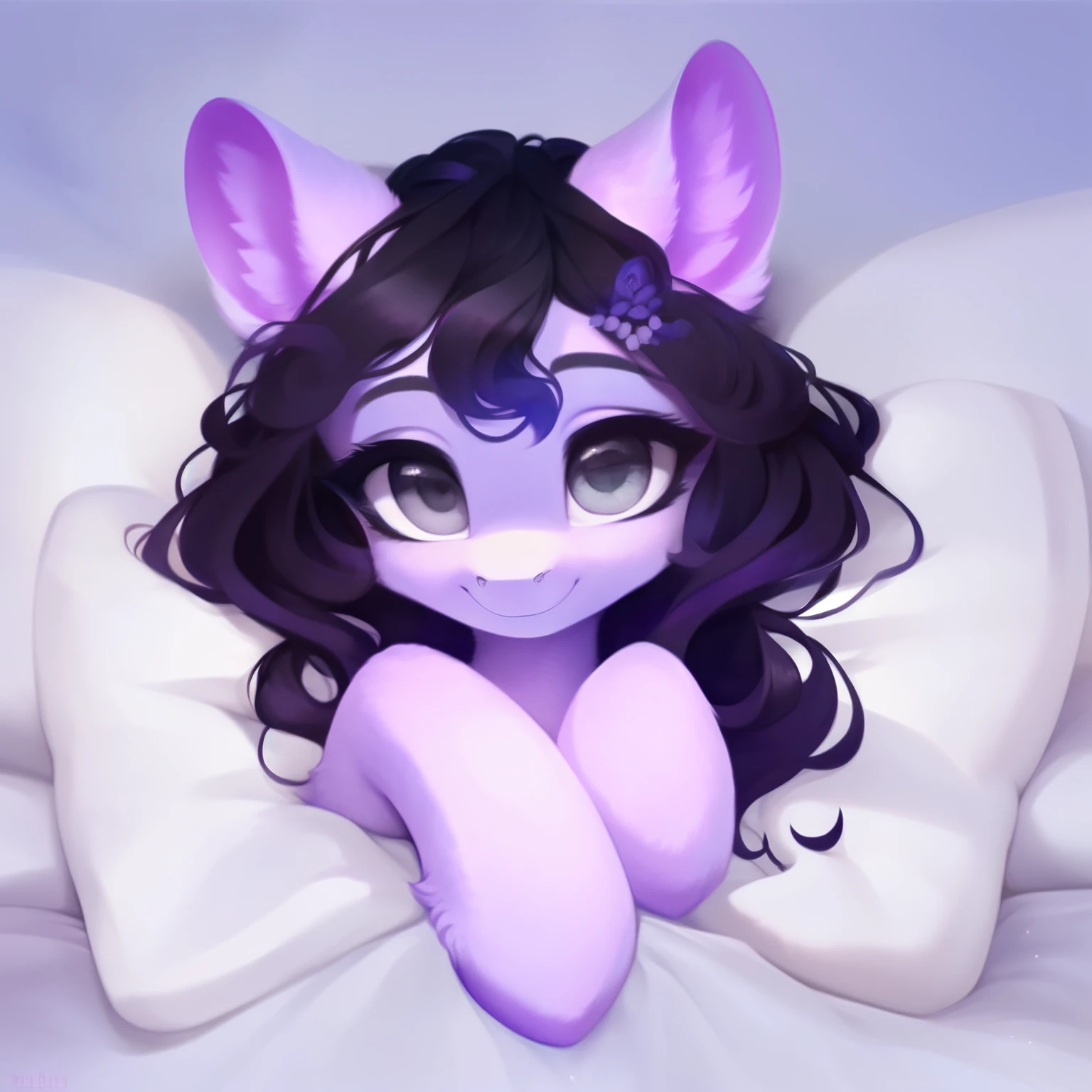 rating_safe, score_9, fluffy, feral pegasus pony, female,round cute face， Lavender purple body, black-purple mane, disheveled hair, soft and delicate long hair, clear grey eyes, grey eyes, smiling. dynamic。young and beautiful。Lying in bed，White bed，High and cold