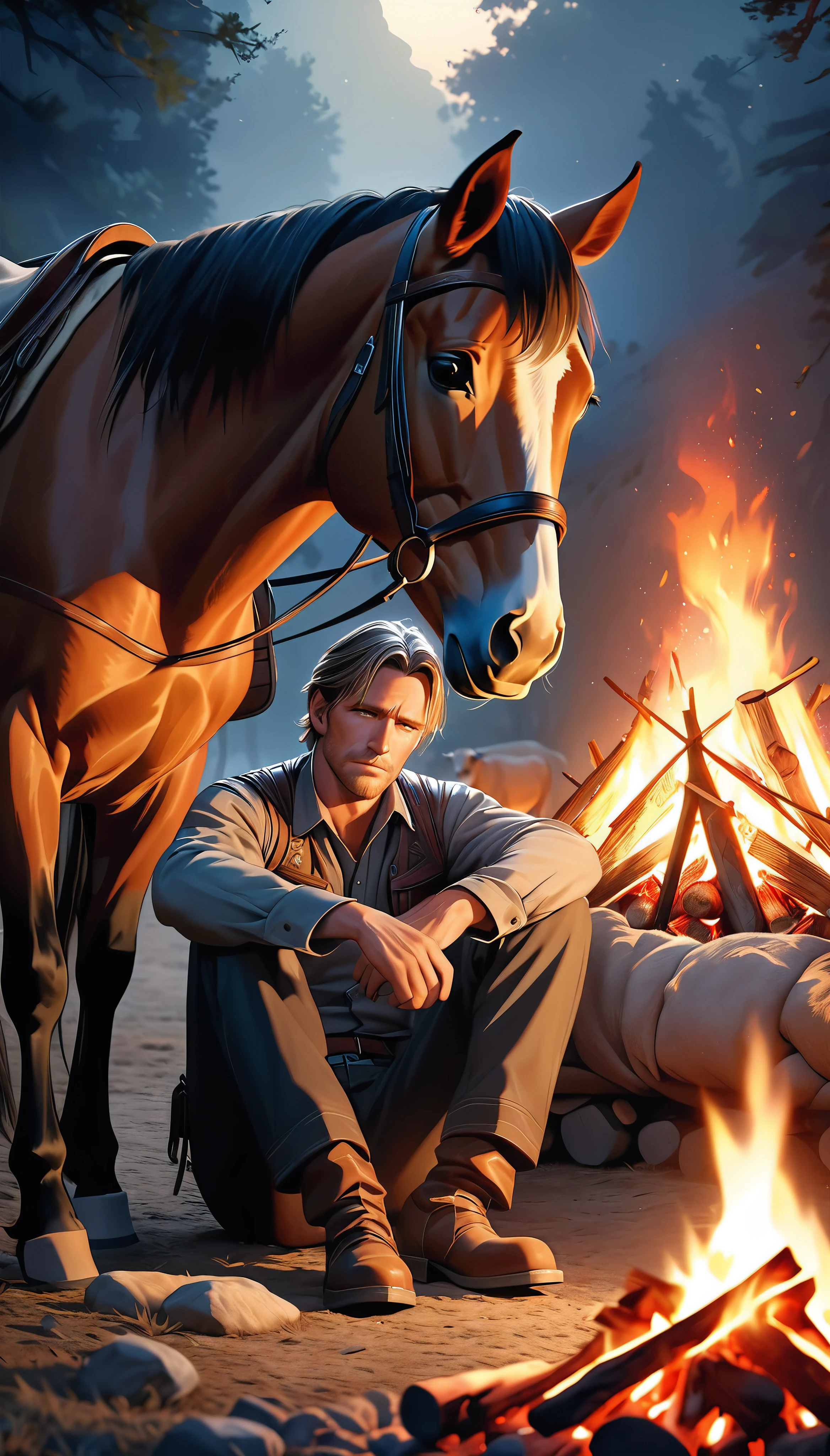 a western cowboy resting by a campfire at night, his loyal horse by his side, cattle resting in the distance, a beautiful and atmospheric night-time cattle drive scene, intense gaze filled with purpose, weary but resolute body language, alert to his surroundings and wary of cattle rustlers, sitting by the crackling fire, tenderly petting his beloved horse, an air of absolute trust and companionship, (best quality,4k,8k,highres,masterpiece:1.2),ultra-detailed,(realistic,photorealistic,photo-realistic:1.37),dramatic lighting,warm color tones,chiaroscuro lighting,cinematic composition,highly detailed portrait,detailed face and eyes,intricate fabric textures,environmental details,glowing embers,atmospheric haze,moody and contemplative