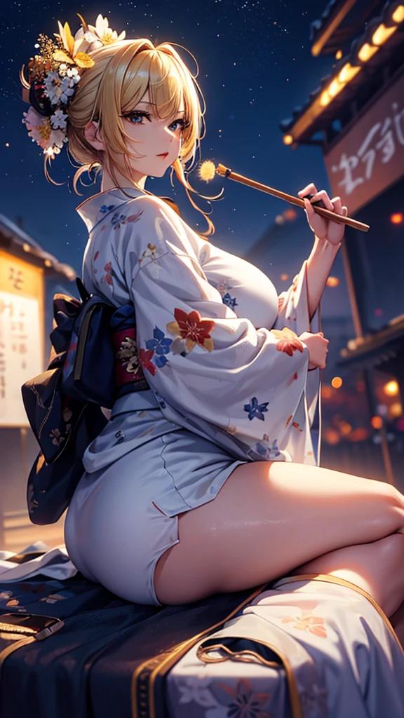 masterpiece, high quality, 4K, Beautiful design, silhouette,blonde, 非常に詳細な夜のStarry Sky,Flower Field, wonderful, Finer details, Very knowledgeable woman, Highly detailed solo, 1 female,Big Breasts,Street food stall,Butt Emphasis,Yukata in white color,Night view,Starry Sky,How to sit,firework,