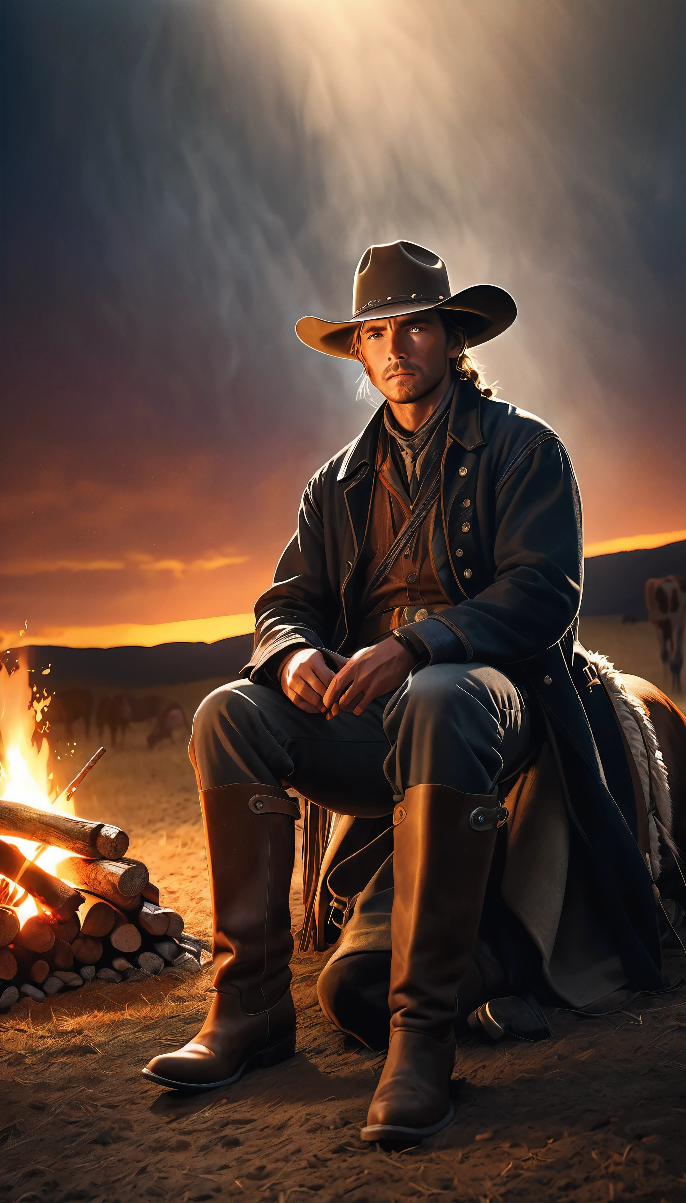 Western cowboy wearing a ten-gallon hat resting by a campfire at night, his loyal horse by his side, cattle resting in the distance, a beautiful and atmospheric night-time cattle drive scene, intense gaze filled with purpose, weary but resolute body language, alert to his surroundings and wary of cattle rustlers, sitting by the crackling fire, tenderly petting his beloved horse, an air of absolute trust and companionship, (best quality,4k,8k,highres,masterpiece:1.2),ultra-detailed,(realistic,photorealistic,photo-realistic:1.37),dramatic lighting,warm color tones,chiaroscuro lighting,cinematic composition,highly detailed portrait,detailed face and eyes,intricate fabric textures,environmental details,glowing embers,atmospheric haze,moody and contemplative