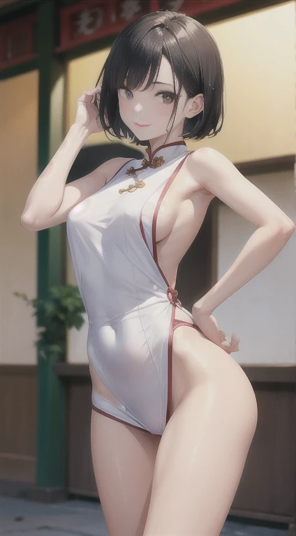 (National Foundation), 1 Woman, Solitary, 24 years old, 7 heads, (Cute face), (Ideal body proportions), ((Composition from head to thighs)), Chinatown, Luxurious mini cheongsam, sleeveless, (((Face rear))), (((Buttocks super close-up))), nipple, Sexy body, wet, Smile smile, short hair, Black Hair, , Slim, Small butt, , Thin legs, Surrealism, light, Depth of Field, One person's point of view, F/1.8, 135 mm, nffsw, On the table, precise, ((Anatomically correct)), Textured Skin, Super Detail, High Detail, high quality, The award-winning, best quality, high resolution, 8K