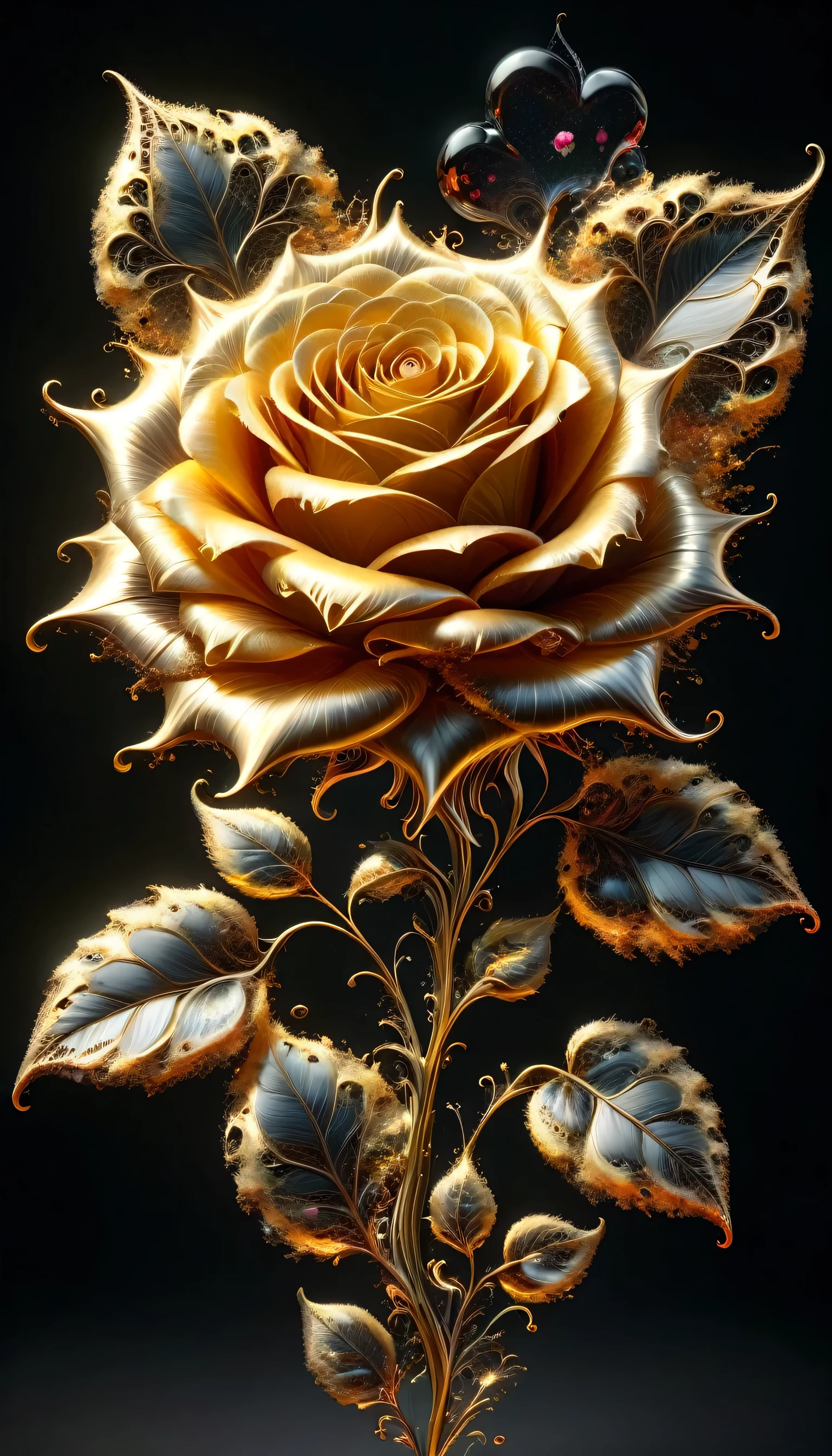 create the most breathtaking (32k masterpiece, best quality:1.2) photorealistic image, a bouquet of rose hearts (with long, intertwined stems) Hollow glass with liquid gold poured from the stem, Fractal petals, that dissolve in the air, fractal details, Black background with gradient, Scattering of reflected light, organic,bioluminescent, energy, lively, spectacular, Ethereal, volumetric light, Subsurface scattering, Transparency game