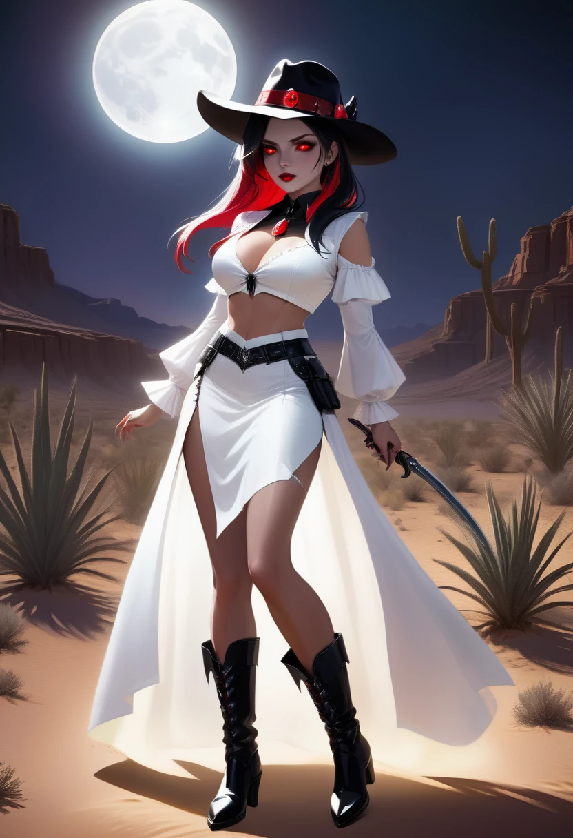 a picture of a female vampire cowboy in the desert night, a goth beauty, exquisite beautiful female vampire, ((anatomically correct: 1.5), (ultra detailed face: 1.2), best detailed face, red glowing eyes, full body, , wearing white bottom shirt, short skirt, dynamic color. wearing (cowboy hat: 1.2), wearing high heeled boots, it is night time in the desert, moon light. moon rays, west America desert canyon background, Hyperrealism style, vibrant, Ultra-high resolution, High Contrast, (masterpiece:1.5), highest quality, Best aesthetics), best details, best quality, highres, ultra wide angle, 16k, [ultra detailed], masterpiece, best quality, (extremely detailed) RAW, chumbasket art style, rpg portrait photograph