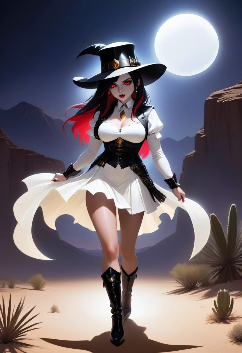 a picture of a female vampire cowboy in the desert night, a goth beauty, exquisite beautiful female vampire, ((anatomically correct: 1.5), (ultra detailed face: 1.2), best detailed face, red glowing eyes, full body, busty, wearing white bottom shirt, short skirt, dynamic color. wearing (cowboy hat: 1.2), wearing high heeled boots, it is night time in the desert, moon light. moon rays, west America desert canyon background, Hyperrealism style, vibrant, Ultra-high resolution, High Contrast, (masterpiece:1.5), highest quality, Best aesthetics), best details, best quality, highres, ultra wide angle, 16k, [ultra detailed], masterpiece, best quality, (extremely detailed) RAW, chumbasket art style, rpg portrait photograph