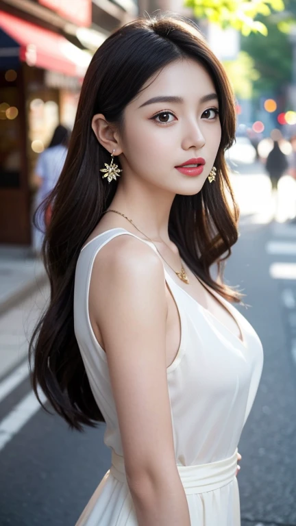 (realistic girl in a formal outfit, beautiful detailed eyes, beautiful detailed lips, extremely detailed face and features, perfect body proportions, a, crossed legs, sitting on a bench in an outdoor street setting, photorealistic, 8k, high quality, bokeh, SFW)