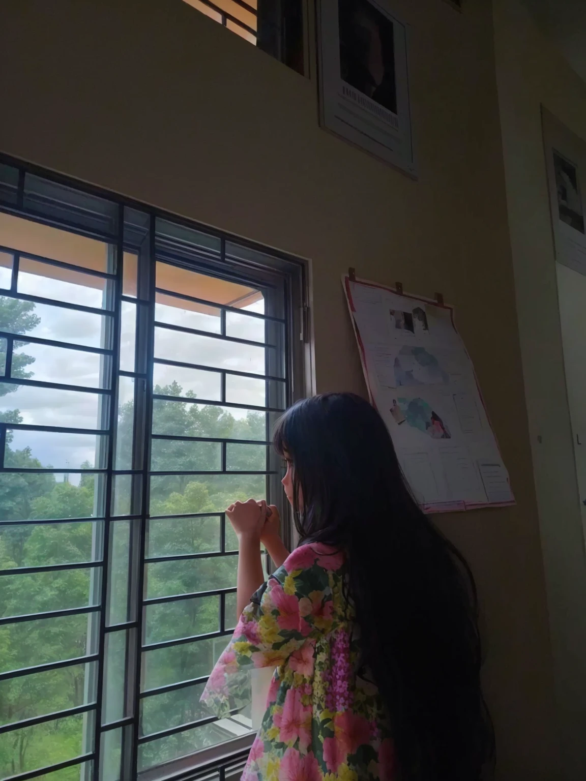 there is a young girl looking out a window at a tree, looked at big window, looking in the window, panoramic view of girl, looking outside, looking out the window, looking out window, looking out a window, looking out of the window, captured on iphone, view from side, looking from side, looking out, very very low quality picture