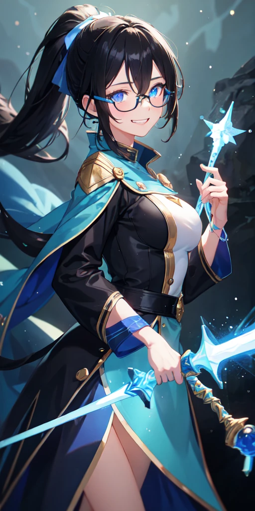 colorful, 1girl, mature, black glasses, ponytail haircut, hair between eyes, grin, black hair, blue eyes, medium breast, staff, holding a staff, blue rain, glow, glowing weapon, water particles, mage uniform, wallpaper, chromatic aberration,