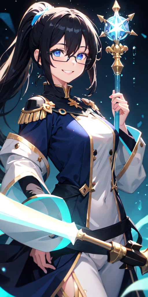 colorful, 1girl, mature, black glasses, ponytail haircut, hair between eyes, grin, black hair, blue eyes, medium breast, staff, holding a staff, blue rain, glow, glowing weapon, water particles, mage uniform, wallpaper, chromatic aberration,