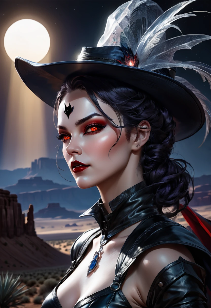 a picture of a female vampire cowboy in the desert night, a goth beauty, exquisite beautiful female vampire, ((anatomically correct: 1.5), (ultra detailed face: 1.2), best detailed face, red glowing eyes, full body, busty, wearing white bottom shirt, short skirt, dynamic color. wearing (cowboy hat: 1.2), wearing high heeled boots, it is night time in the desert, moon light. moon rays, west America desert canyon background, Hyperrealism style, vibrant, Ultra-high resolution, High Contrast, (masterpiece:1.5), highest quality, Best aesthetics), best details, best quality, highres, ultra wide angle, 16k, [ultra detailed], masterpiece, best quality, (extremely detailed) RAW, chumbasket art style, rpg portrait photograph