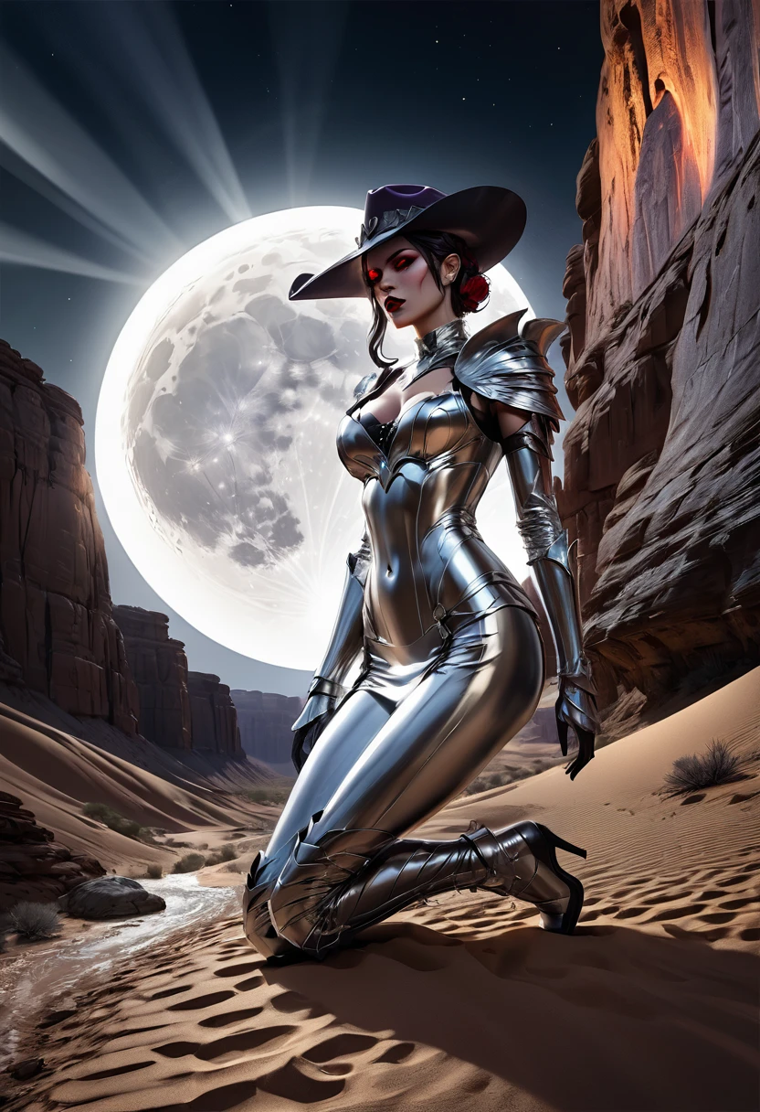 a picture of a female vampire cowboy in the desert night, a goth beauty, exquisite beautiful female vampire, ((anatomically correct: 1.5), (ultra detailed face: 1.2), best detailed face, red glowing eyes, full body, busty, wearing white bottom shirt, short skirt, dynamic color. wearing (cowboy hat: 1.2), wearing high heeled boots, it is night time in the desert, moon light. moon rays, west America desert canyon background, Hyperrealism style, vibrant, Ultra-high resolution, High Contrast, (masterpiece:1.5), highest quality, Best aesthetics), best details, best quality, highres, ultra wide angle, 16k, [ultra detailed], masterpiece, best quality, (extremely detailed) RAW, chumbasket art style, rpg portrait photograph