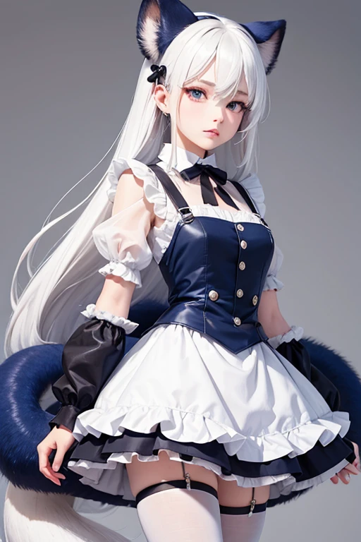 {{{artwork}}}, {{{Better quality}}}, {{Ultra Detailed}}, {beautiful, 细致的Eye}, 1 girl, Solitary, ((White hair)), Very long hair, 蓝Eye, (Straight Hair), (stripe), Animal ears, (Mink ears:1.2), Collar, Ahog, JK, (Big mink tail:1.2), (Blue X Hair Clip), (Cute maid outfit), Shock, aesthetics,Eye
