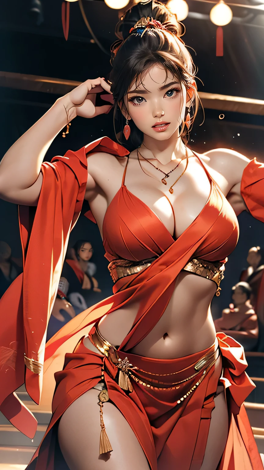 (Highest quality、detail、masterpiece、Official Art、4K)、(NSFW)、masterpiece、Highest quality、Highest quality、(Very colorful)、(Realism: 1.2)、(Photorealistic: 1.2)、(Sharp Focus)、1 female、(Accurate anatomy)、(Beautiful woman)、Alluring Gypsy Girl、sexlyダンスを踊っている、(Long, flowing, translucent robes)、(sexly衣装)、Cowboy Shot、Slim figure、sexly、Alluring、eros、Stunningly beautiful face、Large, even eyes、Perfect Makeup、(Bright smile)、Tall Ponytail、A well-balanced body type with 7 heads、Small Head、Perfect proportions、Beautiful curves of a mature woman、Beautiful ample breasts、teardrop-shaped chest、Narrow waist、navel、wide hips、sexly太もも、(Graceful Dance Posture:1.3)、(Change the pose:1.3)、(Dynamic angles that bring out the speed and power of the dance:1.3)、hair ornaments、necklace、Earrings、brooch、ring、Fancy ornaments、The background is an old Western castle、Shallow depth of field、far and near method、