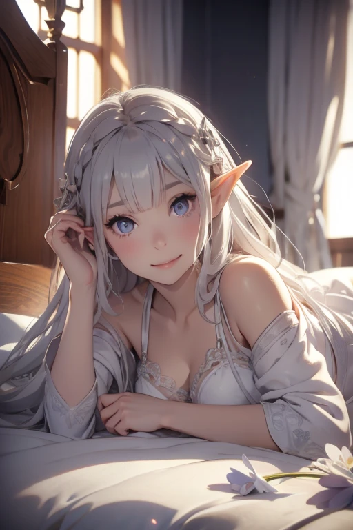 Elf, Silver Hair, At the bed, Lying down, Look here with a smile, Small breasts