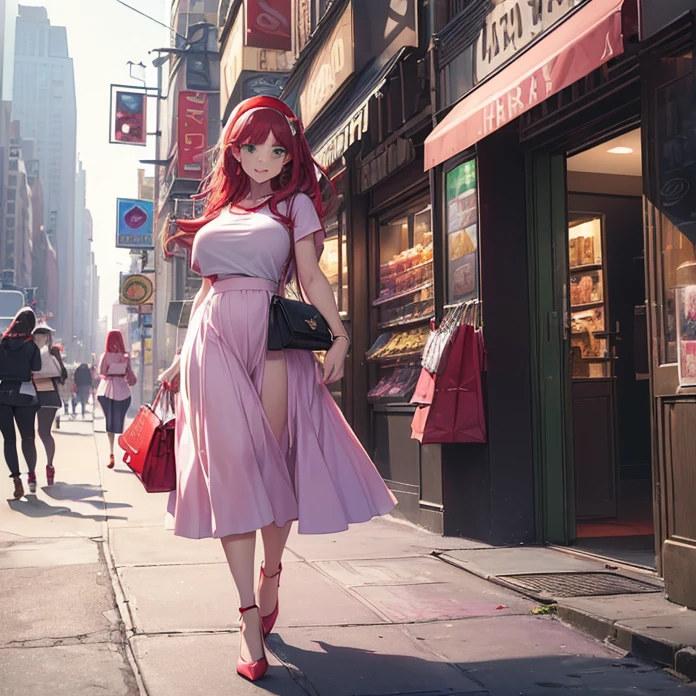 (Master piece, absurdres, best high quality image, carefully detailed textures, detailed image and background, full body view)
{{(1character: 27 years old dark-scarlet-red hair girl: (fair skin, green eyes, short lenght dark scarlet red hair, beautiful face, beautiful voluptuous figure, beautiful legs, beautiful arms, big breasts, beautiful hips, happy expression, cheerful demeanor, standing firmly at the store), (white headband, pink t-shirt, purple long skirt, red heel shoes, black handbag), (new york city, american shopping, clothes store))}}