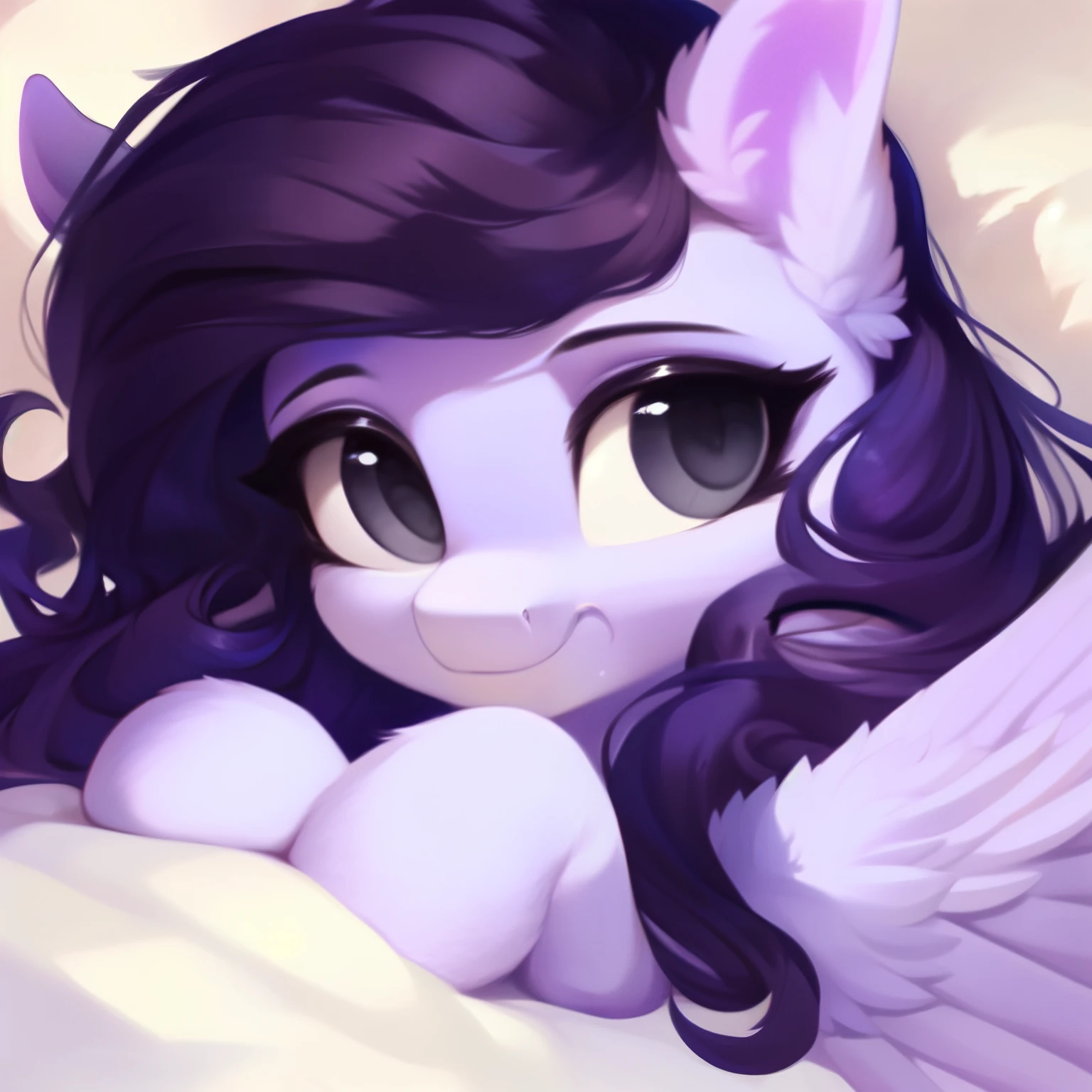 rating_safe, score_9, fluffy, feral pegasus pony, female,round cute face, Lavender purple body, black-purple mane, disheveled hair, soft and delicate long hair, clear grey eyes, grey eyes, smiling. dynamic。young and beautiful。Lying in bed,Astringent