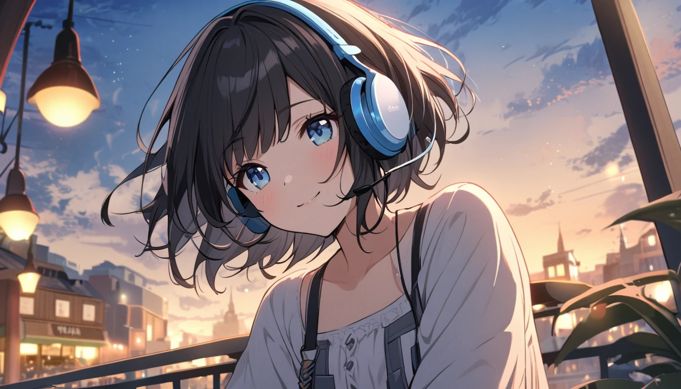 Girl wearing headphones,Enjoy singing along to jazz music on the terrace of a cafe,eautiful 1girl, solo, gentle smile on her face flat chest, short hair, black hair, beautiful blue eyes, Black hair,relax,Evening background