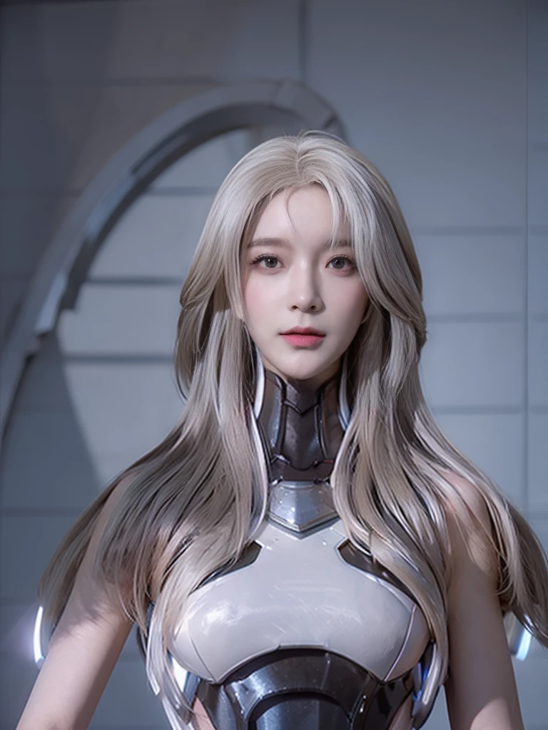 best quality, 1080P, Masterpiece, Ultra high resolution, photorealistic photo, ultra realism, Realistic skin texture, white hair, Extreme skin detail, dslr, Detailed eyes, light blue eyes, yurisa face, lauriel_apw full costume, lauriel_apw, Facing the camera, Very beautiful face, Firm facial structure, Pale skin, Realistic skin texture, Extreme skin detail, oc render reflection textures, Realistic light and shadow, alone, The body is slender and balanced., Age 20, Flat stomach, full body view, Whole body photo, A girl with the body of a mechanical robot., เขากล, ปีกเมก,