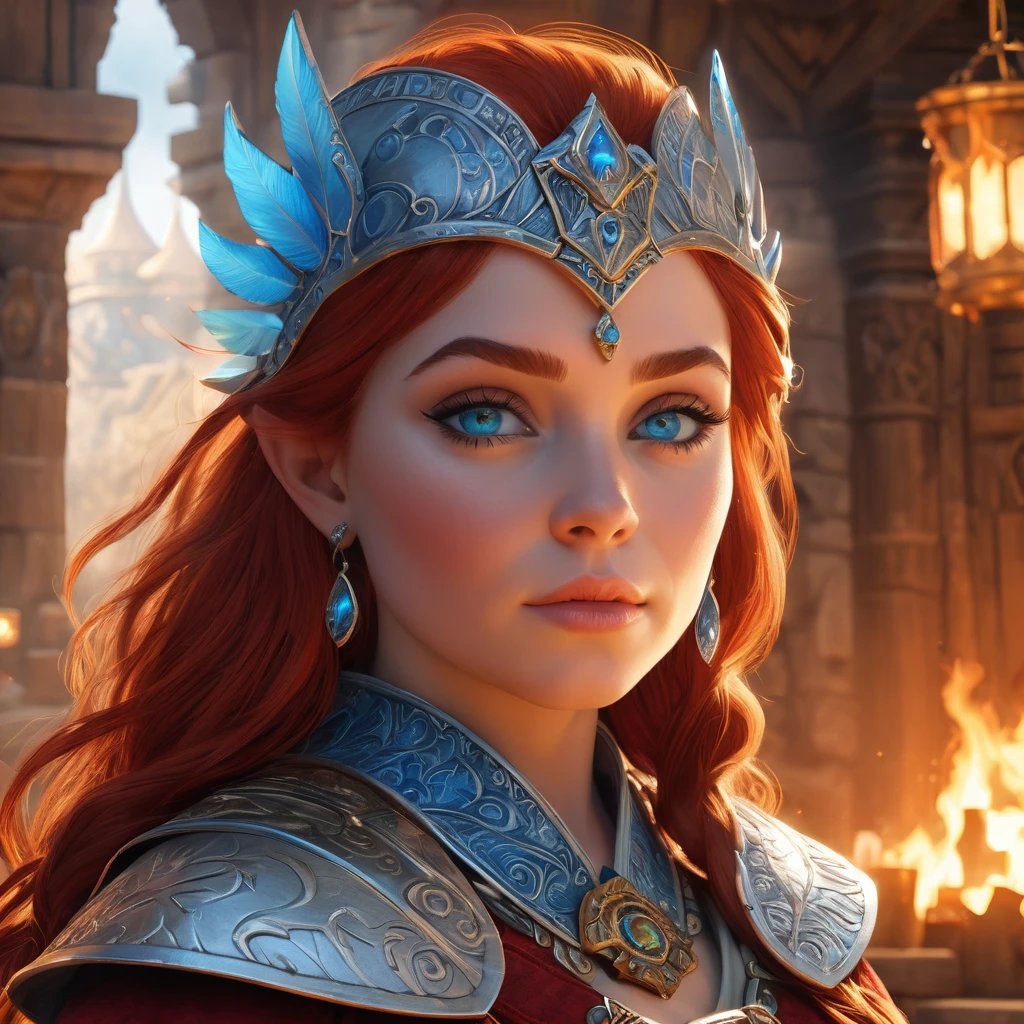 High details, best qualityer, 8k, [ultra detaild], obra de artistry, best qualityer, (extremely detaild), Ângulo dinâmico, ultra wide photo, photorrealistic, artistry de fantasia, artistry, rpg art, artistry realista, an ultra wide image of a dwarf barbara, segurando martistrylo de duas mãos com fogo vermelho sobre ele, wearing barbarian armor , leather armor (best details, obra de artistry, best qualityer: 1.5), blue robe (details Intricate, obra de artistry, best qualityer), holy symbol,(best details, obra de artistry, best qualityer: 1.5),  of the GlowingRunes symbol_pale blue, beautiful female dwarf, ultra detaild face, ultra feminine, Red hair, olhos intensos, greeneyes, d&d fêmea anã (best details, obra de artistry, best qualityer: 1.5) fantasy temple background, heavenly background, ((atmosphere of divine worship)), High details, best qualityer, high resolution, Ultra Wide Angle