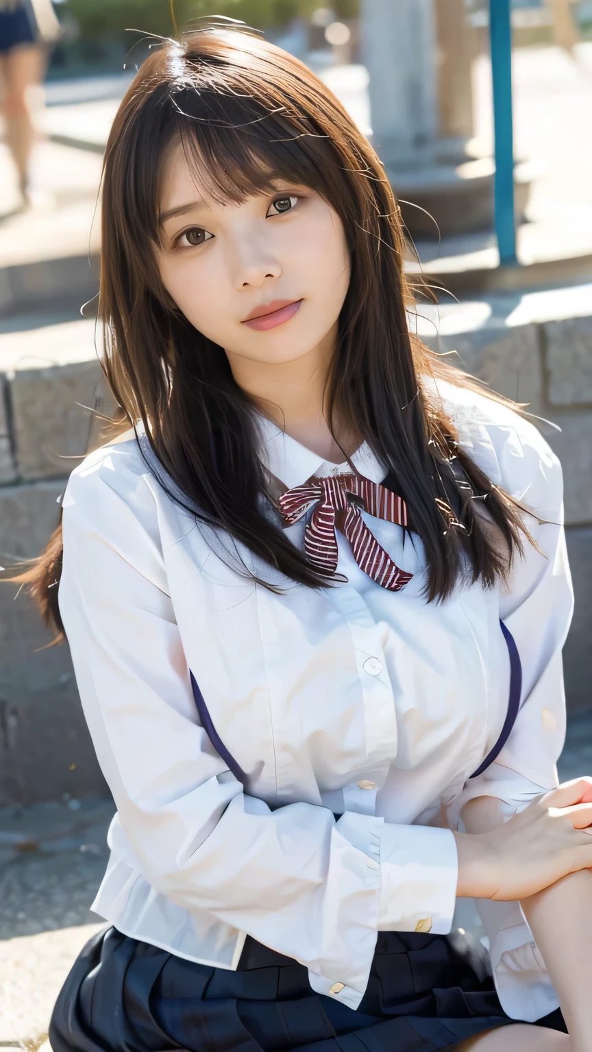masterpiece, Highest quality, 8k,Ultra-high resolution、(((Head to knee photo)))、 22 years old, Large Breasts, cute, alone, smile、 cute, Girlish, cute、Delicate girl, Pure beauty, RAW Photos, Professional photography, Soft Light, Professional Lighting, Backlight, Looking into the camera, Sophisticated, Film Grain, (Eye and facial details:1.0), Floating Hair、Messy Hair、Wavy long hair、,Asymmetrical bangs, Round face、Young Face、(Large Breasts:1.4)、Her cleavage is visible、Nipple protrusions are clearly visible:1.6、(((High School Uniform)))、Voluptuous thighs、Translucent white skin、dolly make、(Heterochromia iridis、The left and right eyes are different colors)