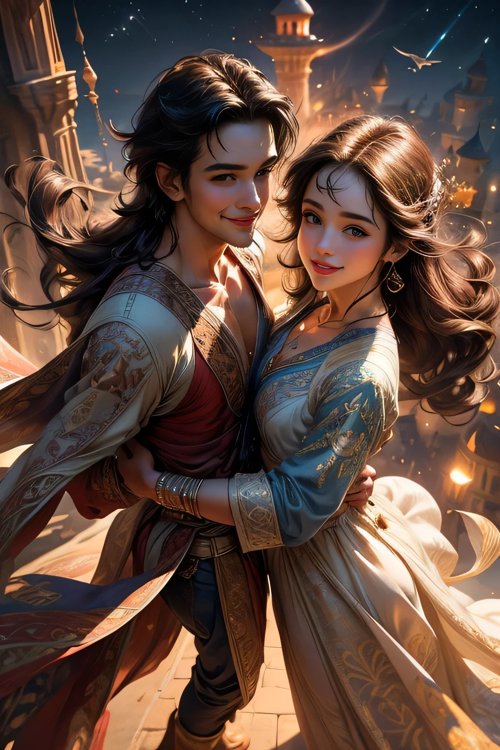 masterpiece, best quality, exquisite, beautiful, couple, delightful, with motif of Aladdin,smiling, flying, looking ahead, semi long, brown hair, wheatish skin, dress, Joyful Scene, in the sky, at night, fantasy, medium shot, from front, aerial view, wide view, 4Kグラフィック,