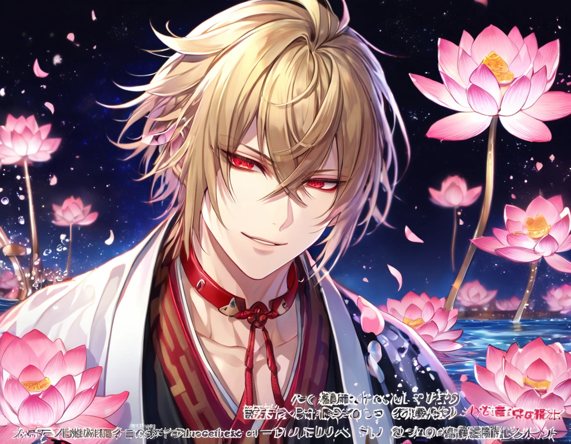 absurdres, highres, ultra detailed, HDR, master piece, best quality, extremely detailed face, delicated features, Kazama Chikage, dark blonde hair, expressive red eyes, Hakuouki, solo, sexy man, handsome, smile, white kimono, black haori, pink lotus, red collar, pink petals, water, magical, fantasy, pink moon, starry sky, envy magical