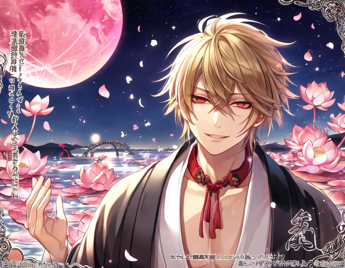 absurdres, highres, ultra detailed, HDR, master piece, best quality, extremely detailed, Kazama Chikage, honey blonde hair, expressive red eyes, Hakuouki, solo, sexy man, handsome, sensual, black haori, white kimono, brown and red collar, fantasy, red blood water, sparkling, red glittering fireflies, red moon, red blossoms, red spider lilies, red sparkling lights, starry sky, magical