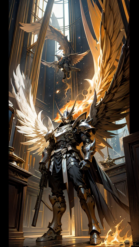 work of art, best qualityer:1.3),extremely detaild, intrikate, 8k, HDR, wall-paper, cinematic lighting, (universe:1.4),handgun,(shooting up), Ablaze, armors, Ablaze eyes, Mecha, big wings, 