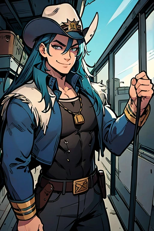 Perfect face. Perfect Hands. A muscular blue haired cowboy with gray eyes with long hair in a sheriff's outfit is exploring with a mine with a big smile
