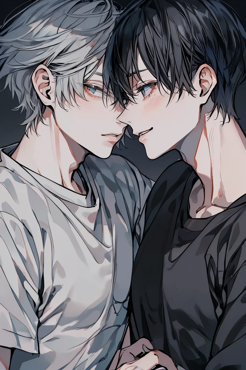 (Mastepiece), (Best Quality), Very detailed, ((Two men intimate:1.5)), Perfect Face, Beautiful Face, Very detailedな顔，(Upper body shot:1.3)，(Black-haired man:1.3)，(Grey-haired man:1.3)、T-Shirts、smile