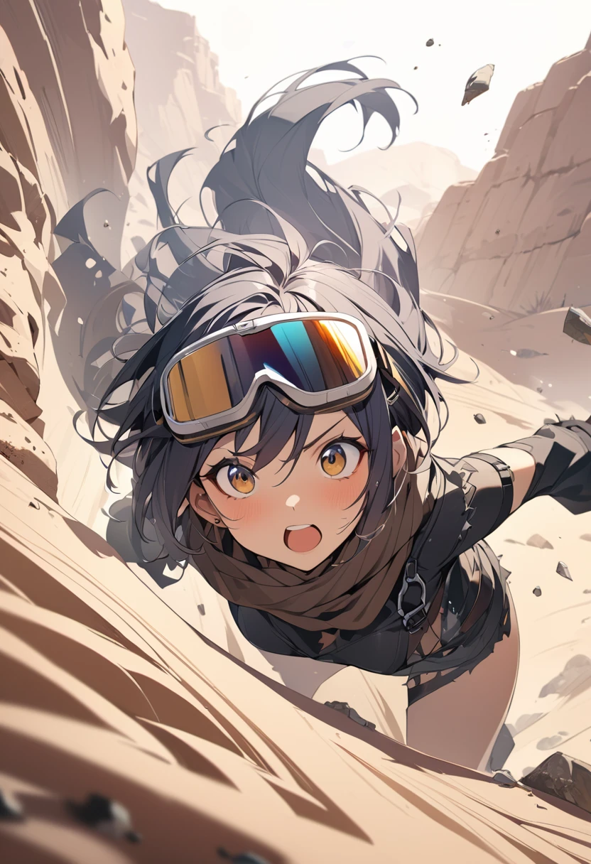 desert、punk。Tattered clotheasterpiece,Highest quality)),One girl,Beautiful attention to detail,Short Hair、Dynamic composition、Wearing a scarf、Wearing dust goggles