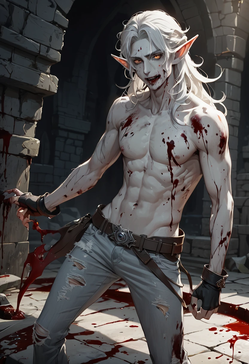 masterpiece, noise reduction, void noise, one male elf, Best quality, permission 8k, male focus, sharp image, stunning composition, Volumetric lighting, super quality, Very detailed, fantasy, Adult male zombie elf with very long white curly disheveled hair, pale, dead man with pale grayish skin, thin, skinny, with white stubble, expressive yellow eyes with a vertical pupil, Sharp facial features, cadaveric spots, pale scars on the body and face, smiling, shirtless, wearing fingerless gloves, torn pants, without shoes, in blood, sharp claws, fantasy средневековье, Gloomy Dungeon