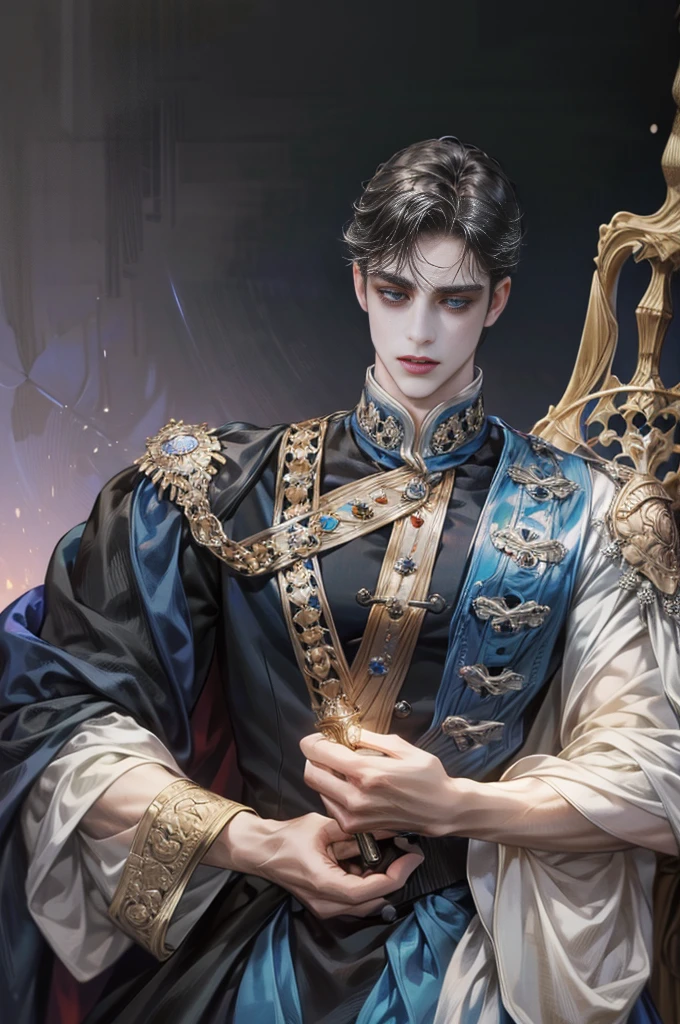 a handsome prince with curly black hair,noble black uniform, blue eyes, white gloves, sat on grand blue throne,holding a rose,(best quality,4k,8k,highres,masterpiece:1.2),ultra-detailed,(realistic,photorealistic,photo-realistic:1.37),portrait,dramatic lighting,chiaroscuro,intricate details,jewel-toned colors,ornate throne,regal,majestic,manhwaartstyle