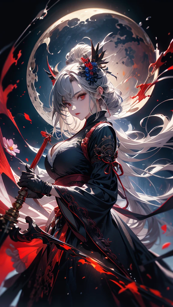 masterpiece, high quality, 4K, Beautiful design, silhouette,Gray Hair, 非常に詳細な夜のStarry Sky,Flower Field, wonderful, Finer details, Very knowledgeable woman, Highly detailed solo, 1 female,Red eyes,Big Breasts,Blue Gothic Lolita Fashion,Night view,Starry Sky,Red full moon,