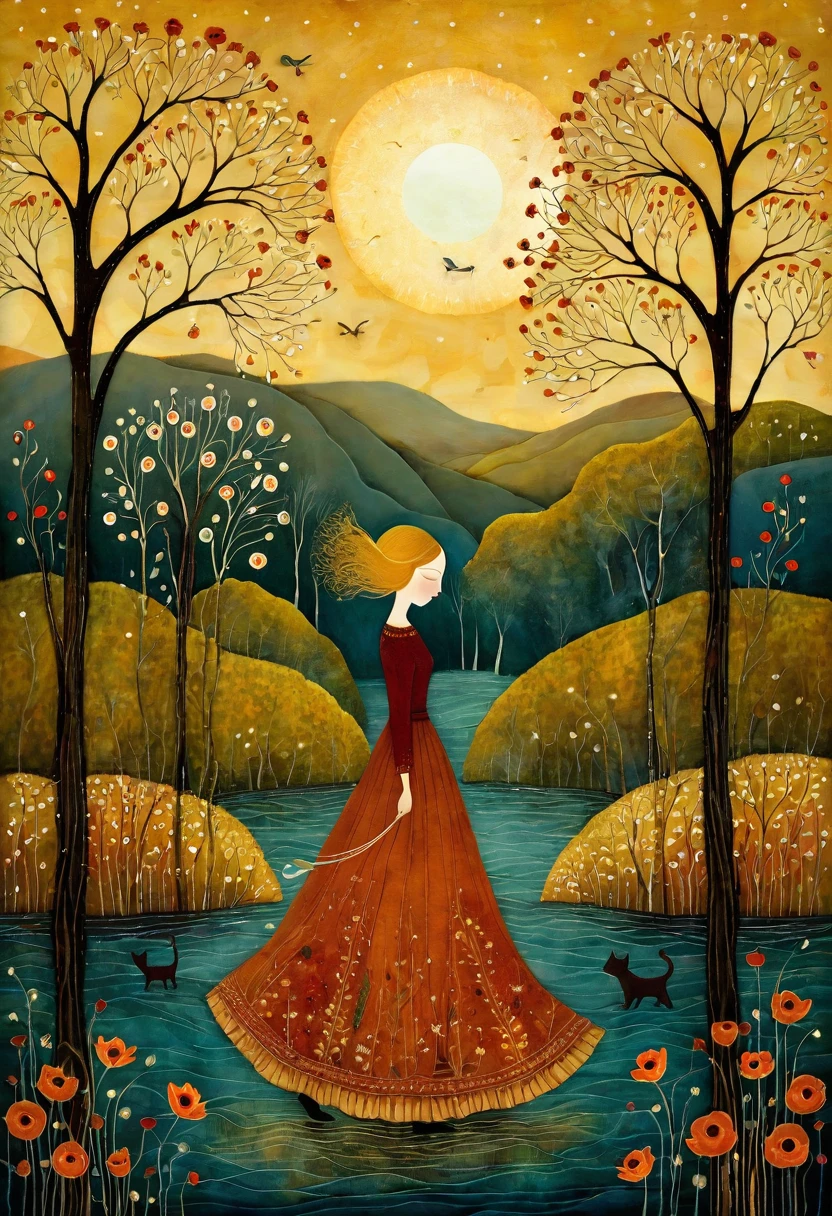 In the Style of Andy Kehoe and Tracy Grimwood . Stylized figures. Ethereal woman, wearing a wide skirt with motifs of flowers, leaves, walks on the waters of a river, around some cats watch her. Background mustard-colored sun, hills, birch trees, poppy flowers and and blooming dandelion blossoms.