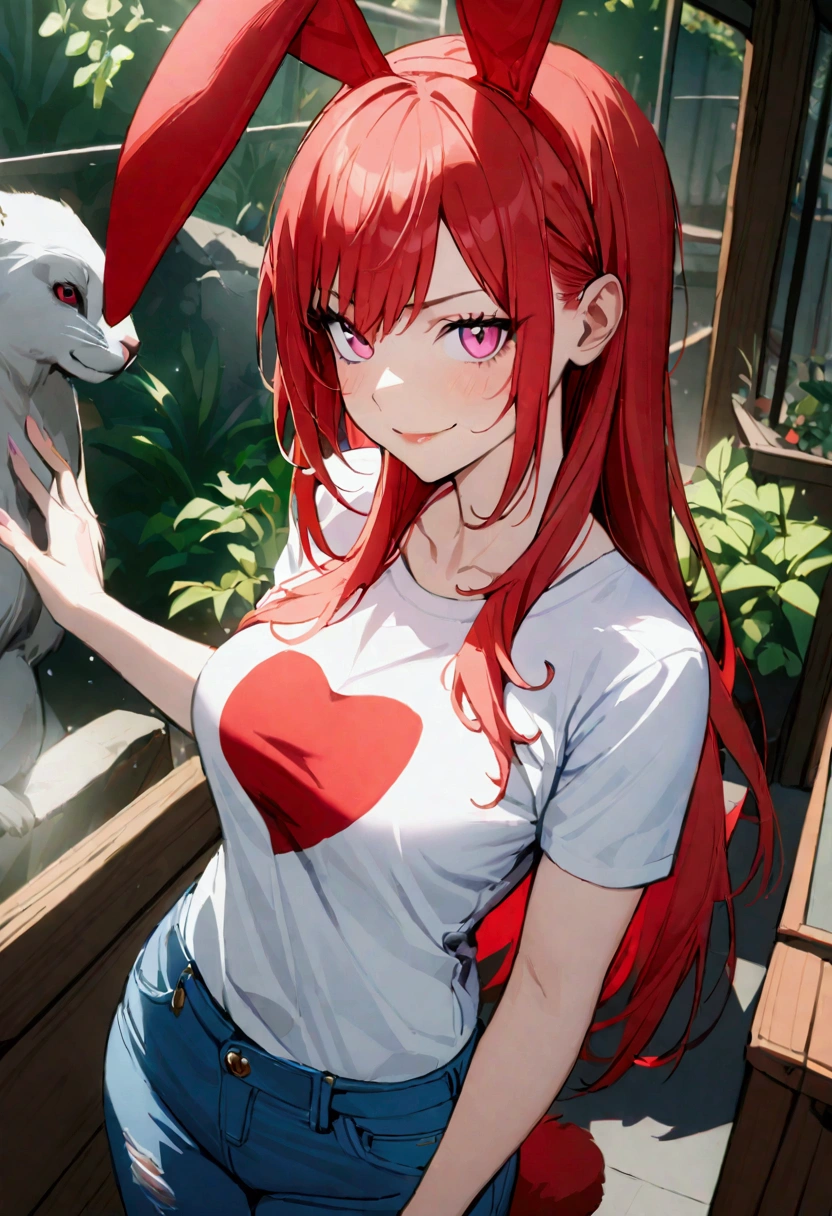 1girl with long red hair, pink eyes, slender body, smirks, natural red bunny ears,natural red bunny tail, short white t shirt, jeans, zoo aviary