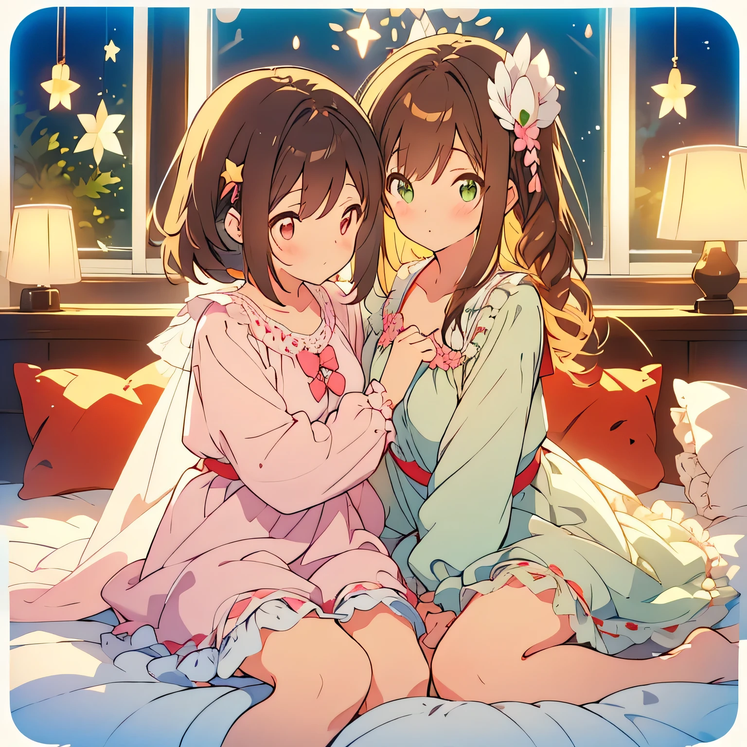 kawaii, anime, Cute, hyper quality, highly detailed, 8k, Clarity, Girl with long dark brown hair and green eyes, A young girl with chestnut short bob hair and red eyes., Detailed facial expressions, fantastic atmosphere, Fluffy feeling, pale colors, Make the line drawing lighter, pale color scheme, Wearing a pure white nightgown, frilly frill, fluttering costume, Soft feeling, soft sleeping face, lean on the bed, pale moonlight, pale light, night, The two girls hug each other's shoulders, A pure white nightgown with fluttery frills, canopy bed, star figurine, moon figurine, sparkle of stars, blur the background, Close-up drawing of two girls, frilly ta clothes, pure white costume, smooth hair,
