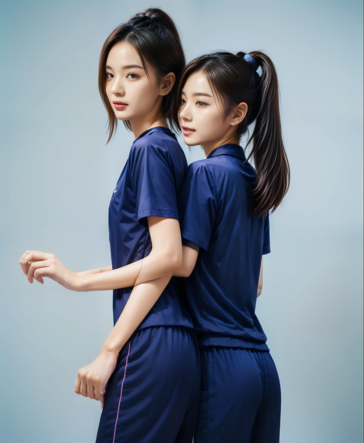 (best quality,10,10,height,Masterpiece:1.2),Special details,(realistic,ภาพrealistic,Realistic photos:1.37),1 Cute girl in the kitchen,shiny, ผิวshiny,only,smile softly,BDclothelue shirt:1.3)),short sleeve,shirt, กางเกงขาlong.,(navy_long_track pants:1.1), ((Kitchen Background)),Dynamic angle,excited,Face focus,dynamic poses,from behind,focus on ass,Masterpiece, best quality, ultra realistic, hyper detail, 8k resolution, raw photos, Sharp focus, ((Navy blue shirt:1.1)), short sleeve, เส้นทางlong, perfect body, 2 mature women, 18 years old, Cinema-grade lighting system,blue sweatpants,shirtผ้าออกกำลังกาย,correct anatomy,perfect body, correct body, Sharp face, correct bodyทางกายวิภาค, full body, realistic gestures, long-haired, realistic poses,Wear long shorts...........................,ช่วงขาlong,Good shape,carved girl, Slender figure, model, Good shape, beautiful body,blue sweatpants, two girls kissing