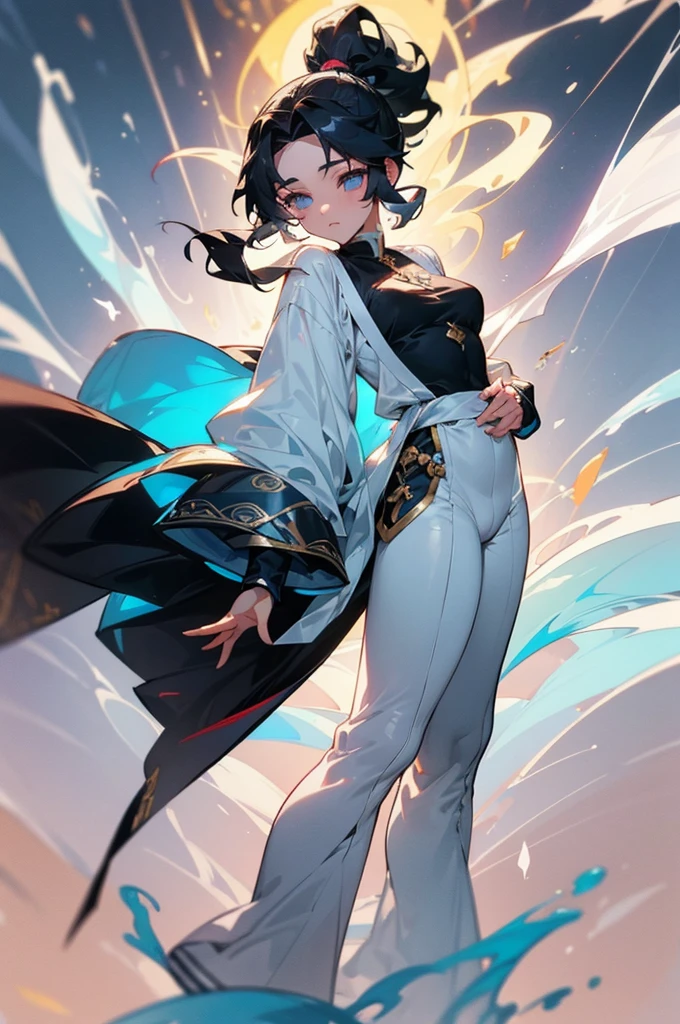 (whole body、Are standing、Head to Toe:1.3),(1 female:1.2),(Black Hair、High Ponytail、Muscular Woman:1.1),(Front lighting:1.2),with a Silver body and glitters with lights above,Extreme iridescent reflection,in the style of truth tracing,Vibrant manga,Shiny/ Shiny,rococo pastel,Fluid shape,Tiny Core,A fluid impression,truth,Mechanical Aesthetics,Yang Juncheng,Silver,Shiny eyes,Fluid shape.,Young warrior,hair ornaments, Large Breasts, belly button, Big Ass, Unparalleled beauty，Extraordinary sexy beauty，(Beautiful body like a model)，Sexy pose，Very sexy outfit，Captivating look