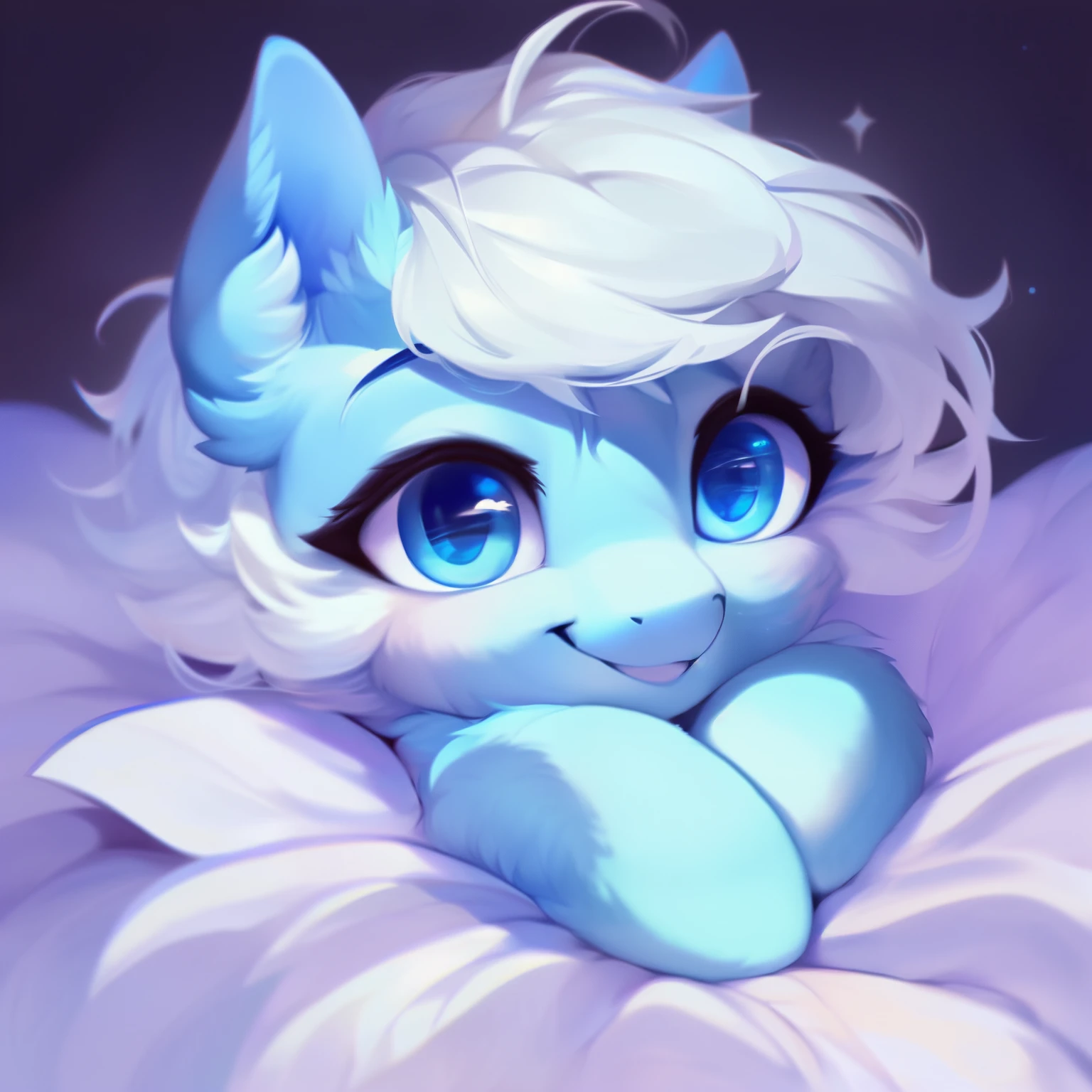 rating_safe, score_9, fluffy, feral pegasus pony,Bad,round cute face,very (((lightblue body))), (((white short hair))) Smooth and fine semi-long bristles,Gentle and clear light blue eyes,Gentle smile。Soft tones.Lying in bed,White bed。Hazy and warm atmosphere。night。A look of resistance