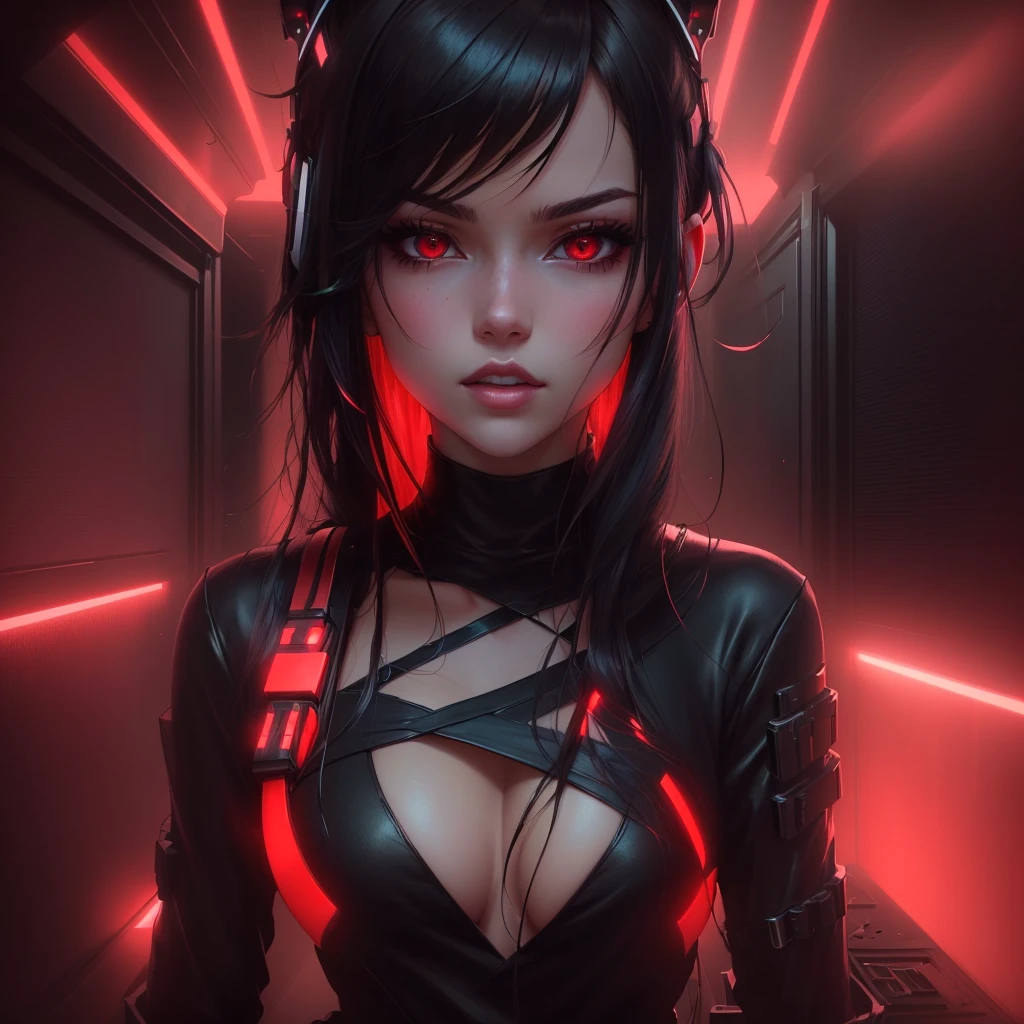 a close up of a woman in a black top and red lights, red aura, darkness aura red light, badass anime 8 k, red and cinematic lighting, anime style 4 k, emitting evil red aura, glowing red, crimson red aura, cyberpunk anime girl, female cyberpunk anime girl, anime cyberpunk art, alena aenami and artgerm