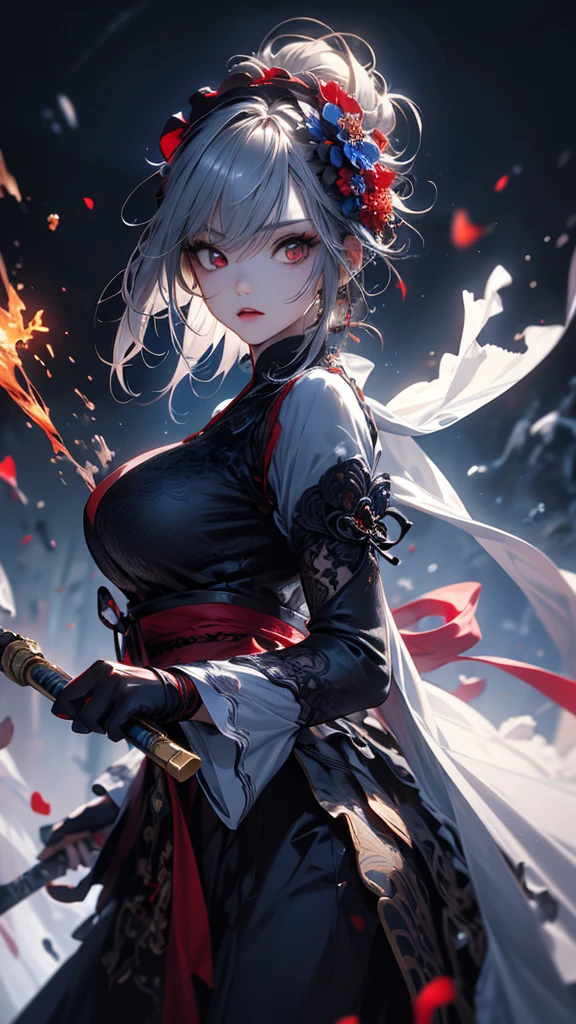 masterpiece, high quality, 4K, Beautiful design, silhouette,Gray Hair, 非常に詳細な夜のStarry Sky,Flower Field, wonderful, Finer details, Very knowledgeable woman, Highly detailed solo, 1 female,Red eyes,Big Breasts,Blue Gothic Lolita Fashion,Night view,Starry Sky,Red full moon,