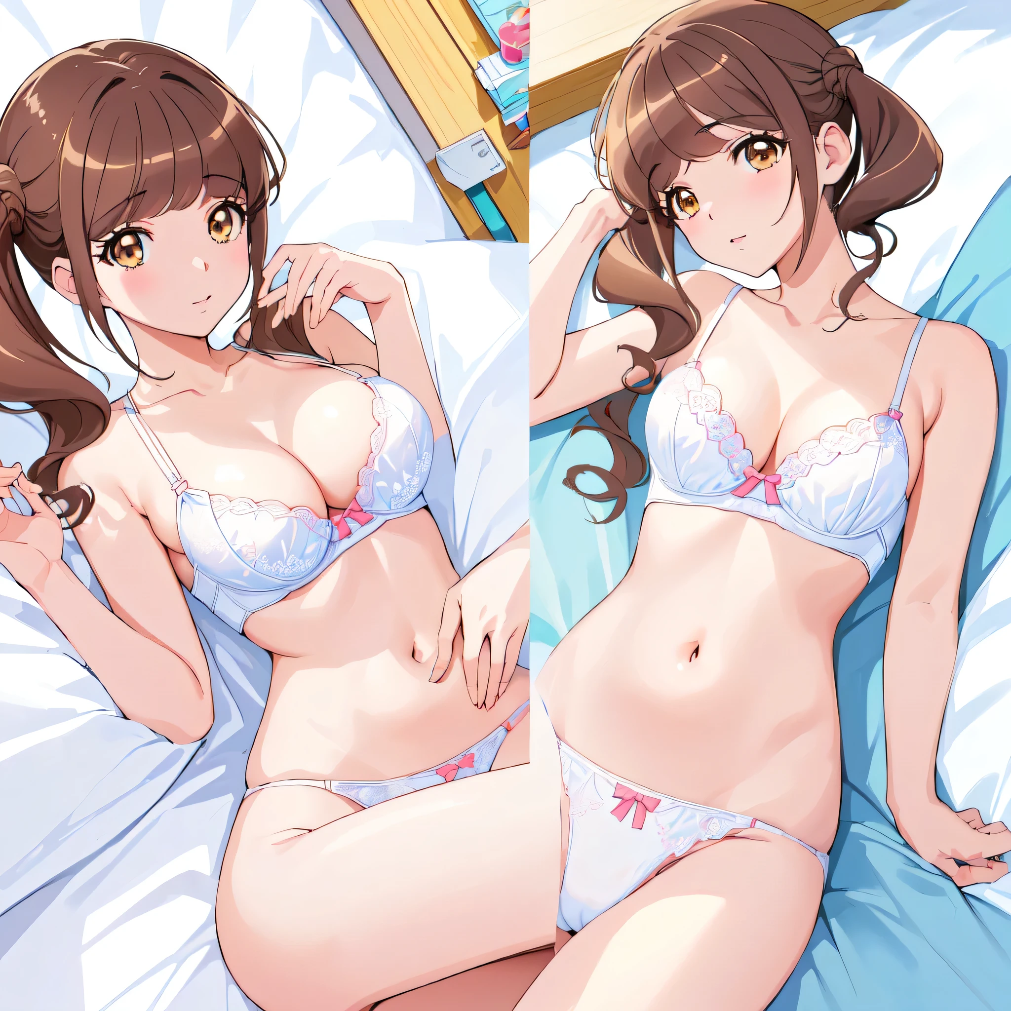 masterpiece、Highest quality、High resolution、Anime images of girls in underwear、solo、Short brown hair girl、Brown Eyed Girl、Twin tail hair、clothing:Bra and panties、high quality fanaRt、bRa with an yellow、panty with an yellow、Big Breasts、cleavage、midRiff、collaRbone、naval、Woman with big breasts、at Pixiv、top Rated on Pixiv、zerochan art、dynamic!!、looking at vieweR、Cowboy Shot、Female focus、whole body、Pixiv、 R / art, R /art, R/art、bRa and panty only、