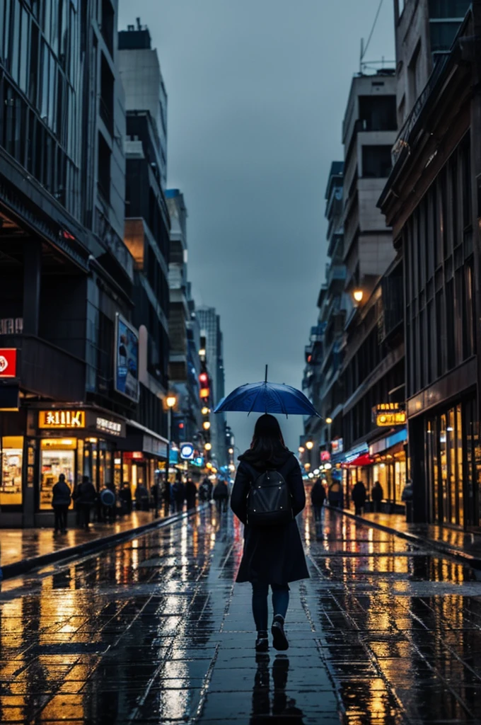 A girl walking in the twilight of a blue and rainy city