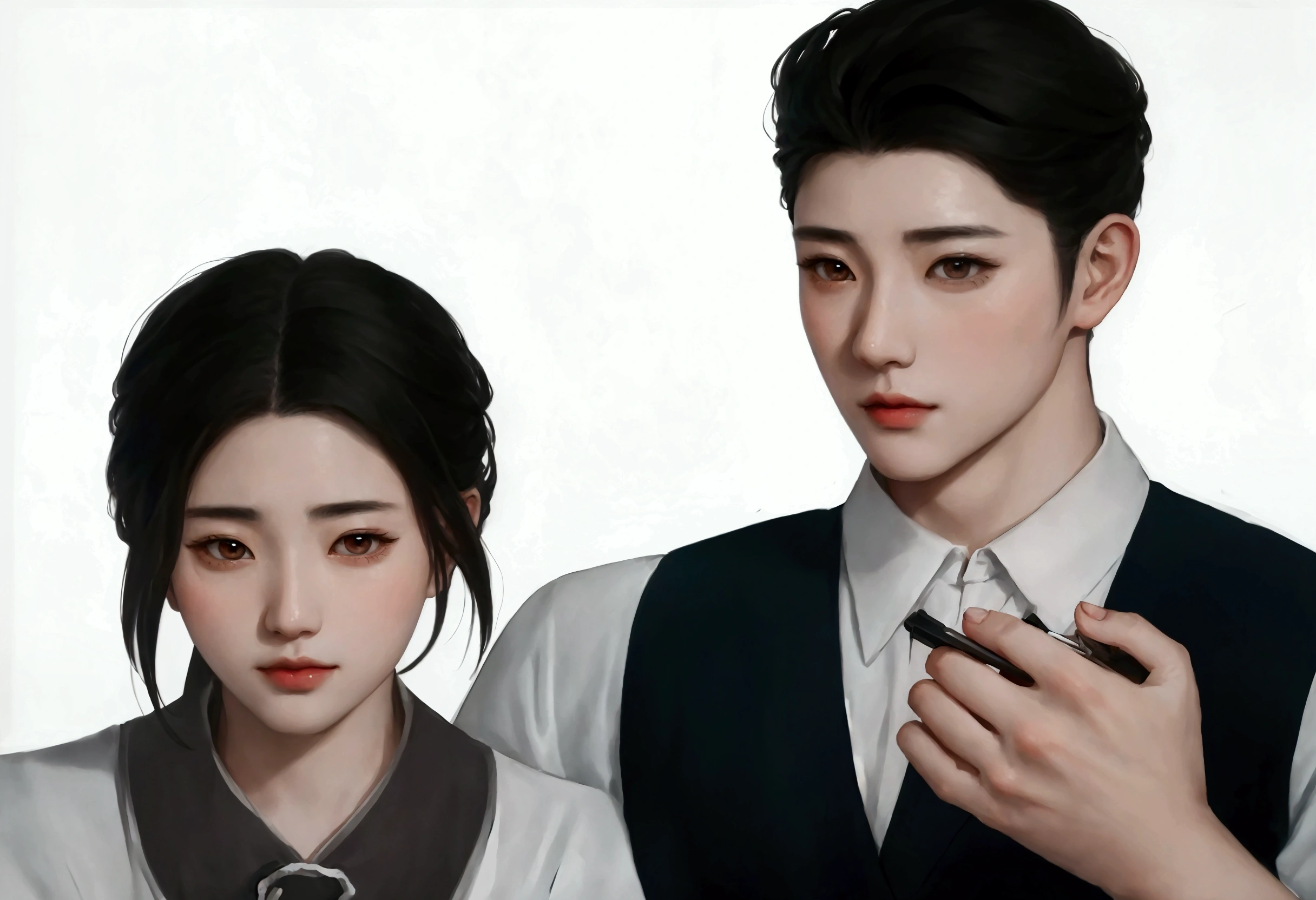 There was a man and woman standing together., Artwork in the style of gouache, High quality fan art, Inspiration from Zhang Han, Inspired by Sim Sa Jung, Inspiration from Yan Juncheng, Realistic art style, Official fan art, Detailed fan art, digital anime illustration, [ digital art 4k ]!!, Inspired by Ma Yuanyu, Realistic art style