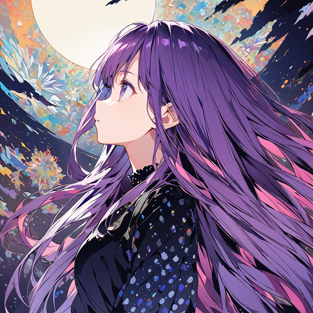 Profile of a brave purple-haired princess girl with long hair, exposed Screentone processing Looking up at the moon Shaded painting style Abstract Painting lilac