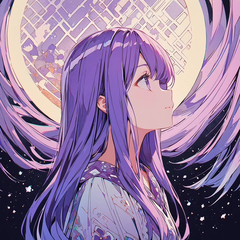 Profile of a brave purple-haired princess girl with long hair, exposed　Screentone processing　Looking up at the moon　Shaded painting style　Abstract Painting　lilac
