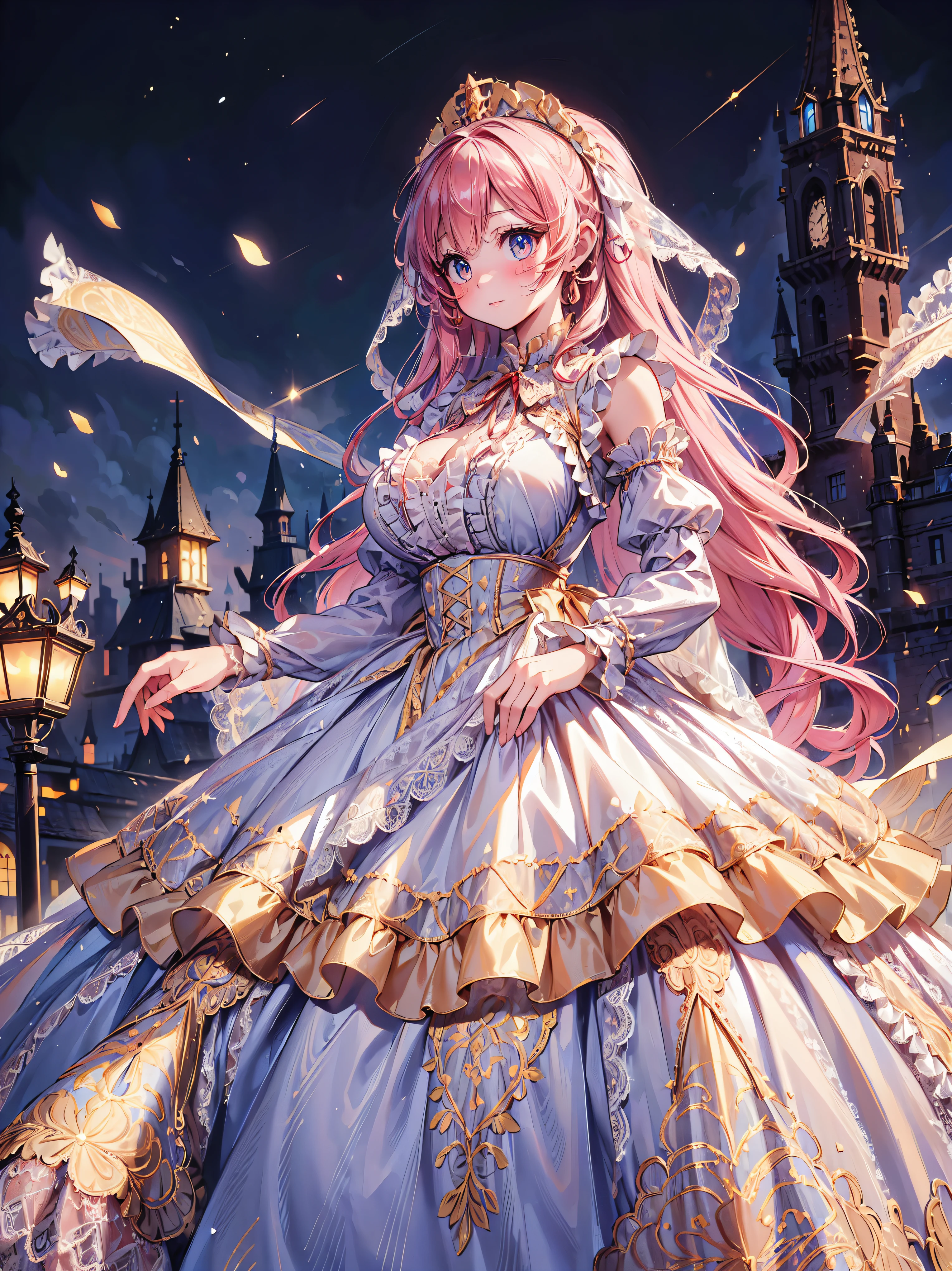 ((Superbly detailed drawing, ultra detailed, exquisite quality, absolutely resolution)), (((young face solo princess))), (((Unsurpassed gorgeous rococo victorian gown with voluminous huge hoopskirt and long hems, princess style skirt:1.5))), ((transparency gown, fluffy and full of pleats skirt:1.3)), (Super detailed and intricate exquisite design gown:1.5), ((overwhelming amount many ruffles with ribbons with intricate lace with Super detailed and intricate embroidery gown:1.9)), ((huge breasts, breasts cleavage)), (ponytail, fluffy long Expressive, hair pink hair), super voluminous long hair, hair ornament tiara, happy smile, ((curtsey)), (blurry background, depth of field:1.35), super detailed skin, super delicate and beautiful face, (eyes blue eyes), (backlighting, particle effect, caustics), (((sharp focus))), ((fantasy castle, night sky)), (magnificent panorama view, dynamic angle, dynamic pause:1.3),